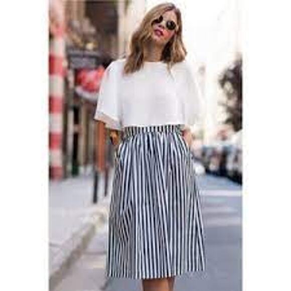 Zara Woman - Navy Blue and White Striped Midi Skirt - S - Picture 1 of 10